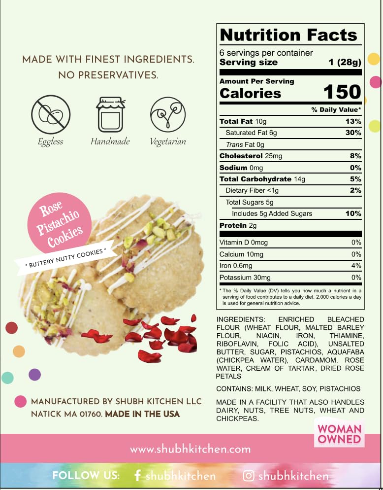 Shubh Kitchen Rose Pistachio Cookies. Authentic Indian flavors, 100% Eggfree and Vegetarian, No Artificial Flavors or Preservati
