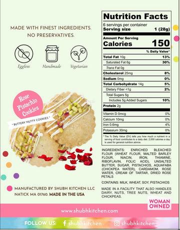 Shubh Kitchen Rose Pistachio Cookies. Authentic Indian flavors, 100% Eggfree and Vegetarian, No Artificial Flavors or Preservati
