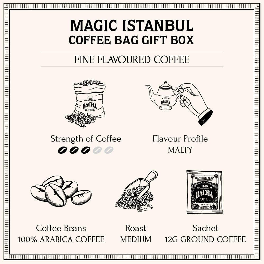 Bacha Coffee | Magic Istanbul Fine Flavoured, 100% Arabica Beans, Medium Roast, X12 Individually Wrapped Single Serve Filter Bag