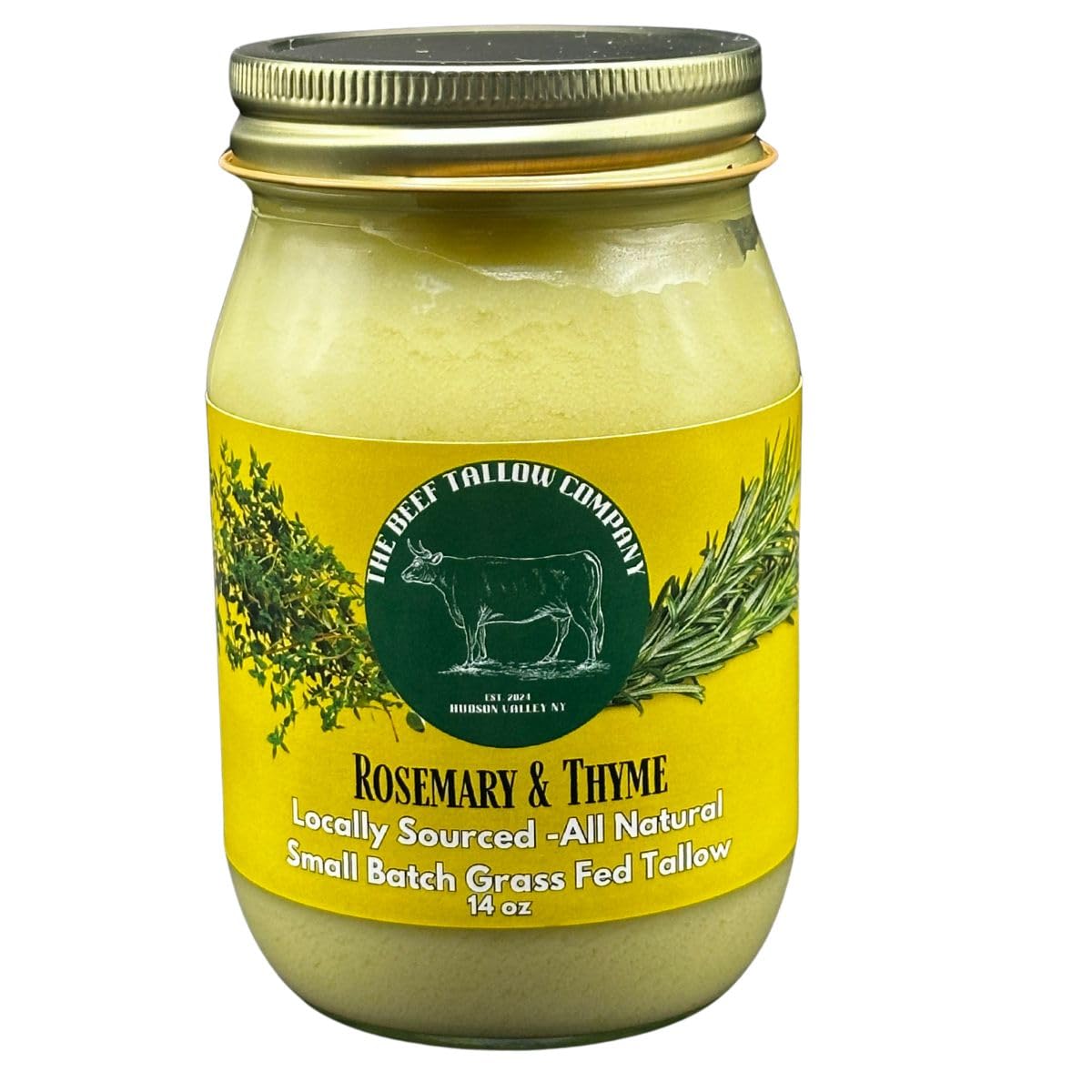 The Beef Tallow Company | 100% Pure small batch pasture raised beef tallow infused with fresh rosemary & thyme | Saftey shrink s