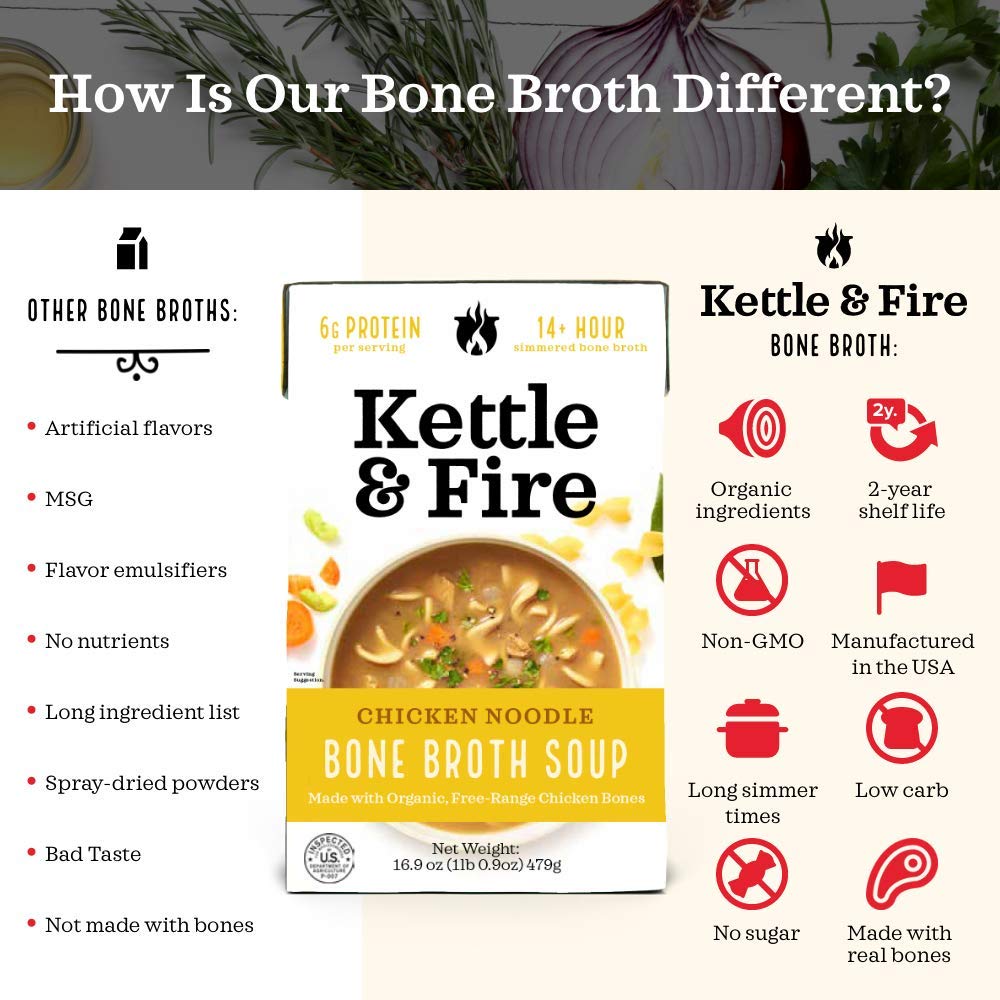 Kettle and Fire Chicken Noodle Soup with Bone Broth, Keto Friendly, High in Protein and Collagen, 6 Pack