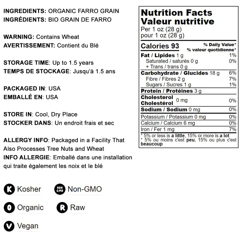 Food to Live Organic Italian Pearled Farro, 1 Pound - Non-GMO, Kosher, Vegan, Whole Farro Grain in Bulk. Good Source of Fiber an