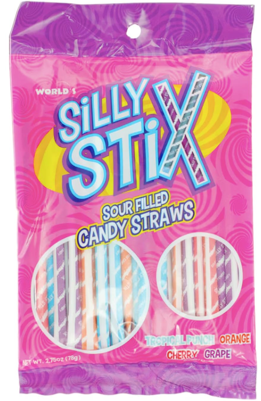 Silly Stix Sour Filled Candy Straws 2.75oz Bag - Tropical Punch, Orange, Cherry, Grape (Pack of 1)