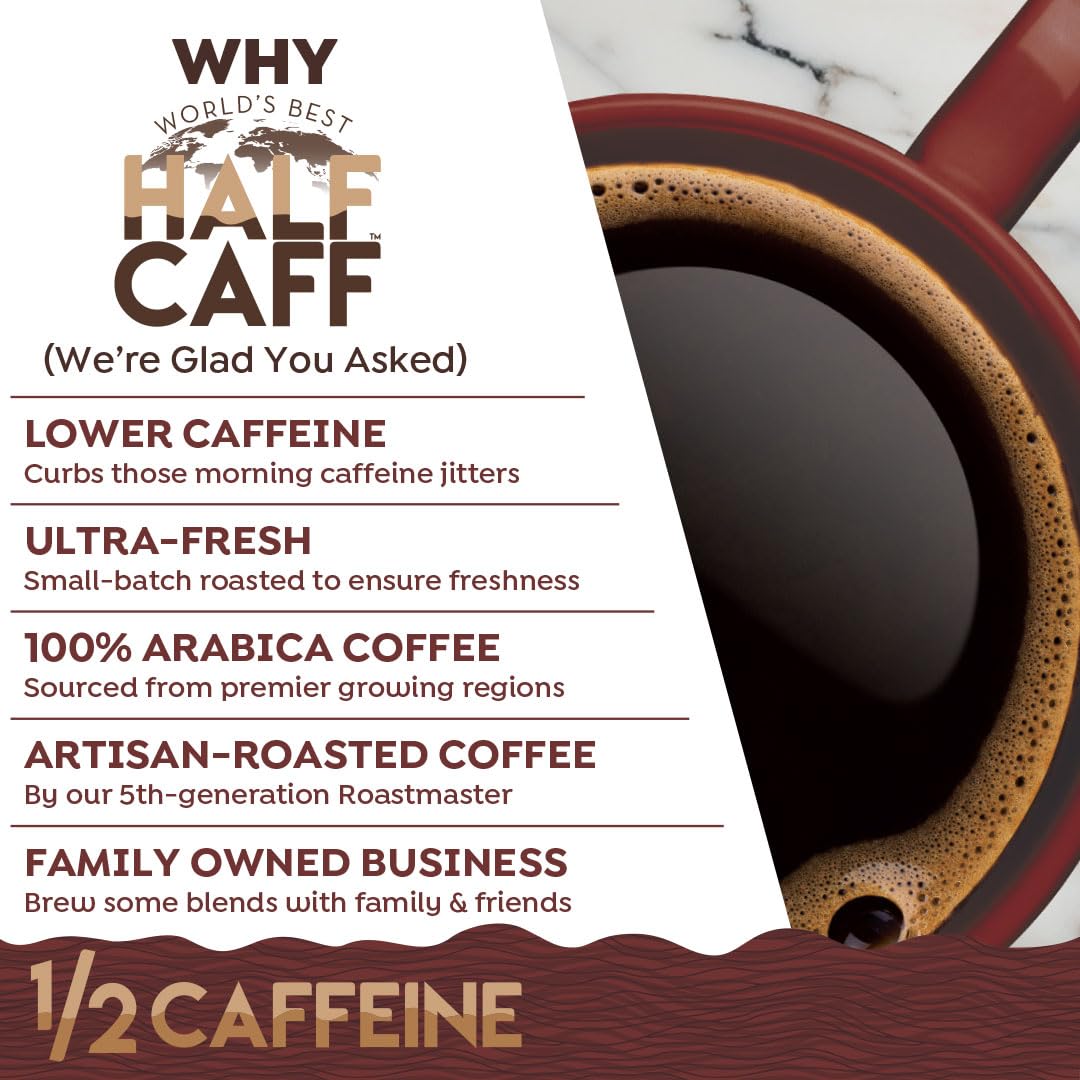 Worlds Best Half Caff Caramel Coffee Pods  18 ct  Medium Roast Flavored Coffee in Recyclable Single Serve Pods - 100% Arabica Beans  Compatible with Keurig K Cups Maker