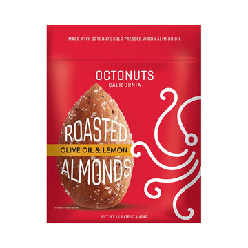 Octonuts Olive Oil & Lemon Almonds 16 Oz - Roasted Califronia Almonds - Olive Oil & Lemon Almond Snack - Gluten Free, Paleo Vegan, Kosher, Keto, Non-Gmo, Sweet And Savory Healthy Nut Snacks