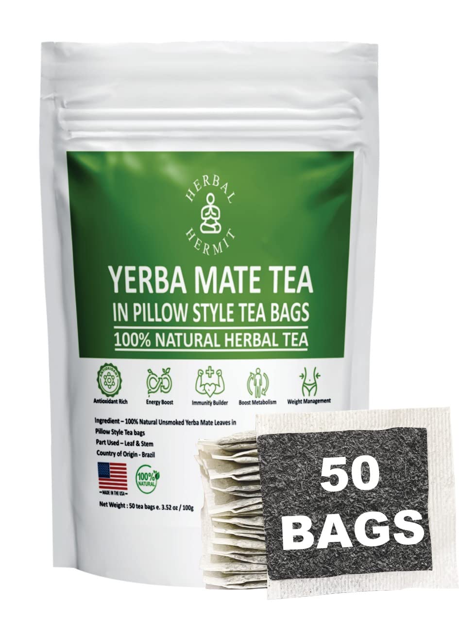 Herbal Hermit Yerba Mate Herbal Tea, 50 Tea Bags, 3.5 Ounce, Natural, Rich in Chlorophyll, Made in USA