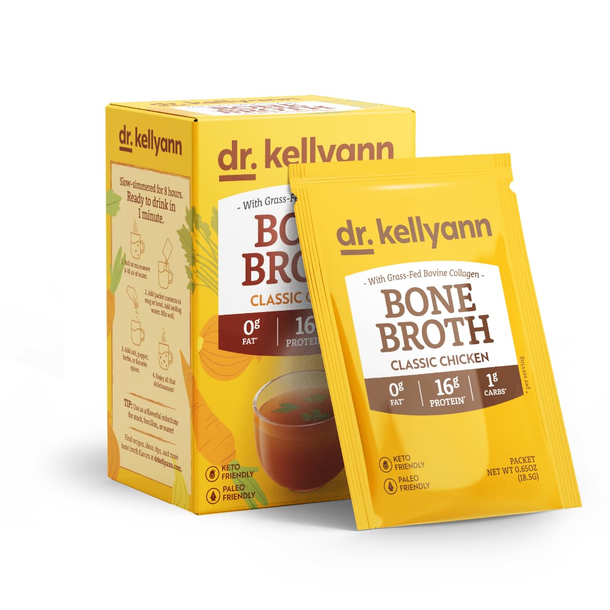 Dr. Kellyann 21-Day Bone Broth Bundle - 10 Boxes Classic Chicken Flavor Bone Broth Powder Packets (70 Servings)