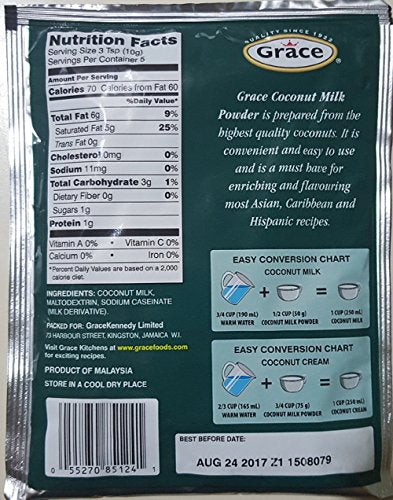 Grace Coconut Milk Powder 1.76oz - 6 Pack - Leche de Coco en Polvo - Caribbean Powdered Coconut Milk - No Preservatives, No Refr