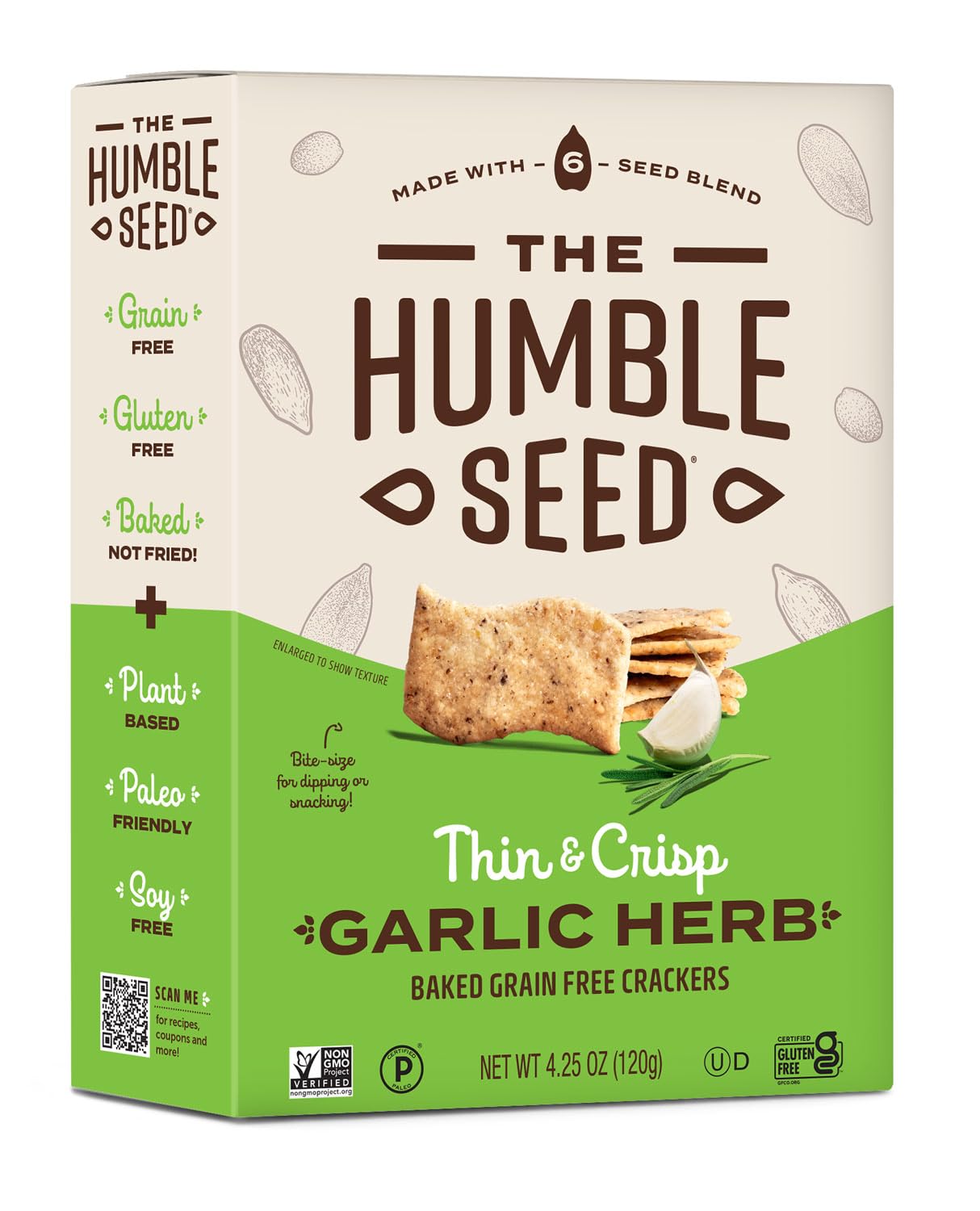 The Humble Seed Grain Free Crackers, Garlic Herb, Plant-Based, Kosher, Paleo Friendly, Gluten Free & Non-GMO, 4.25 Ounce (Pack o