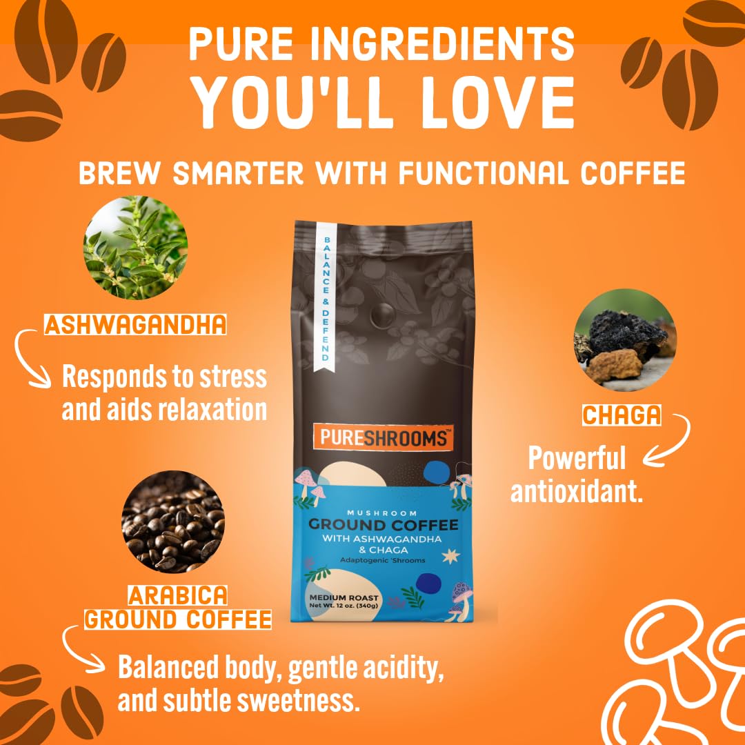 Fresh Mushroom Ground Coffee - Organic Ashwagandha & Chaga - Stress Relief, Mood Enhancer - Herbal Coffee Substitute Alternative