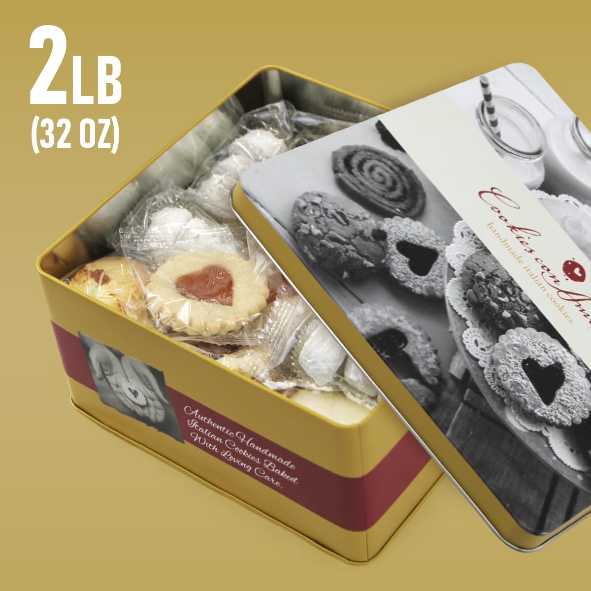Assorted Italian Cookies Gift Box, 30+ Pieces Individually Wrapped Traditional Gourmet Cookies - 2Lb Square Tin With Authentic Enhanced Pastries For Holiday Gifting, Coffee Pairing, And Christmas Celebrations