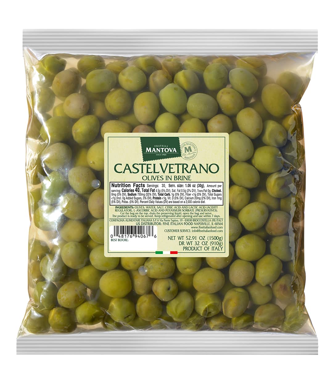 Mantova Whole Castelvetrano Olives in a Mild Brine, 52.91 oz. (3.3 lb.) (Pack of 1), Product of Sicily, Italy, Non-GMO, Gluten-F