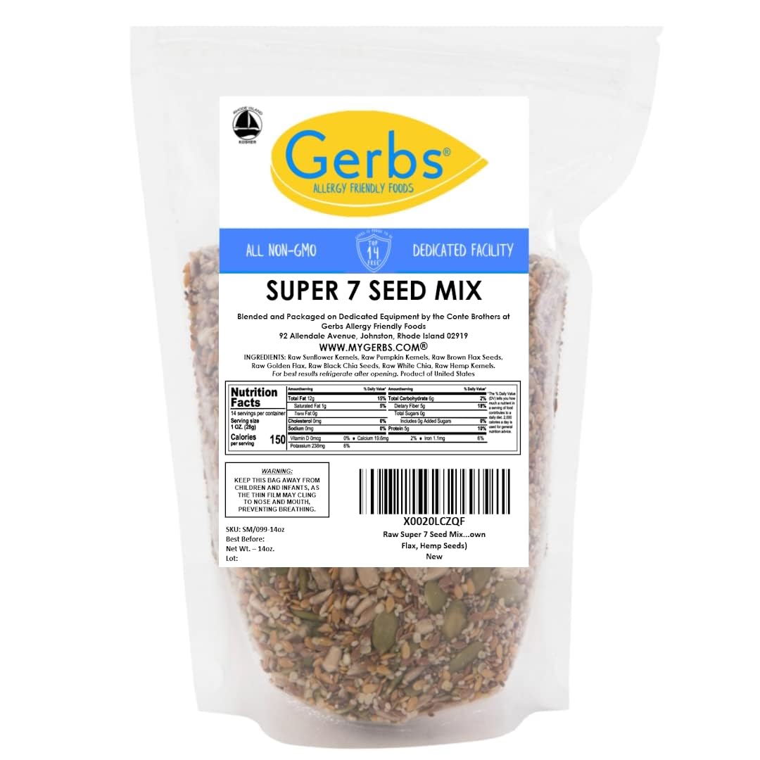 Gerbs Raw Super 7 Seed Snack Trail Mix 14Oz. | Top 14 Food Allergy Free | Resealable Bulk Bag | Made In Usa | Raw Pumpkin Sunflo