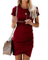 BTFBM Womens 2023 Summer casual Beach Dresses crew Neck Short Sleeve Wrap Party club Mini Ruched Bodycon T Shirt Dress(104WineRe