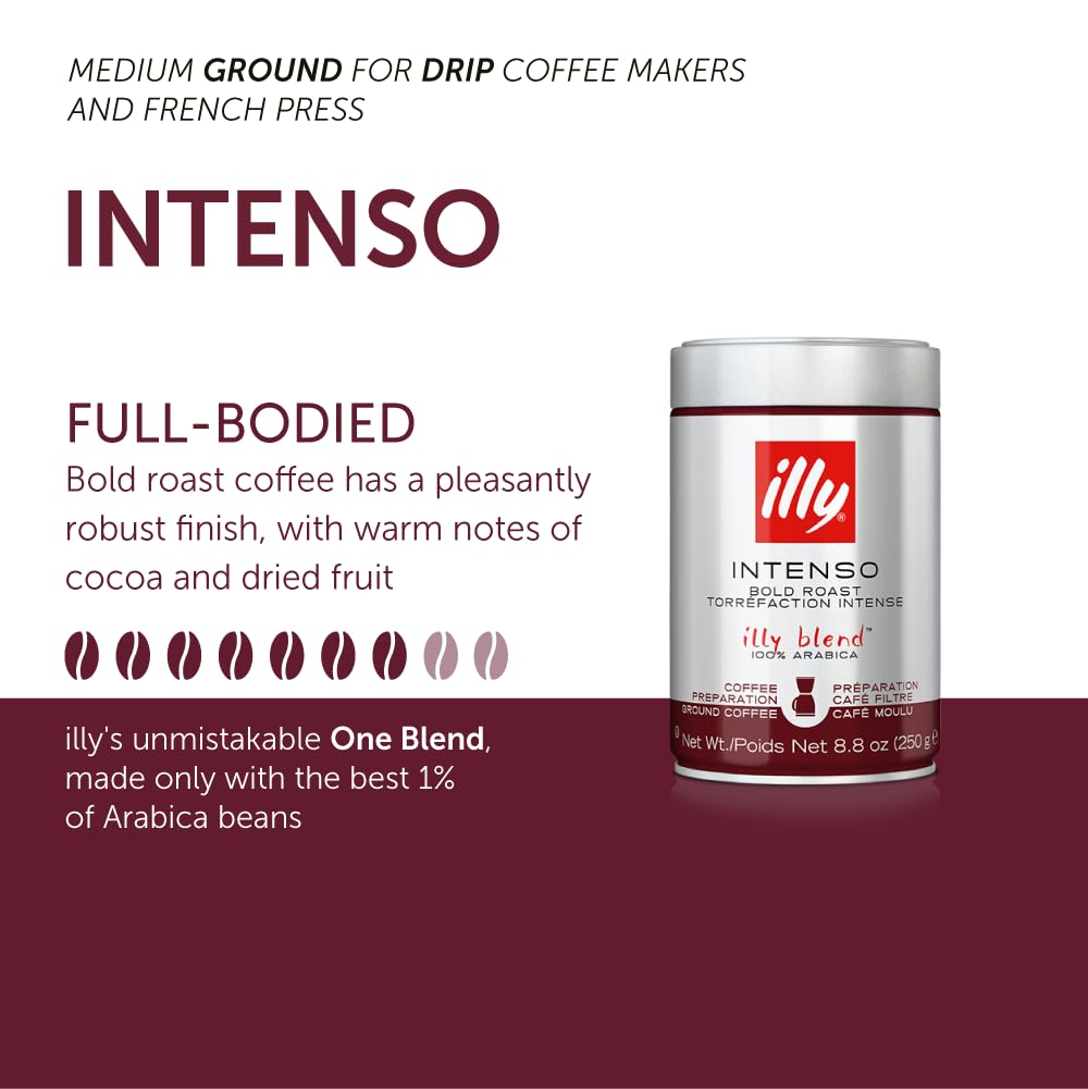Illy Drip Coffee - Ground Coffee - 100% Arabica Ground Coffee - Intenso Dark Roast - Warm Notes Of Cocoa & Dried Fruit - No Pres
