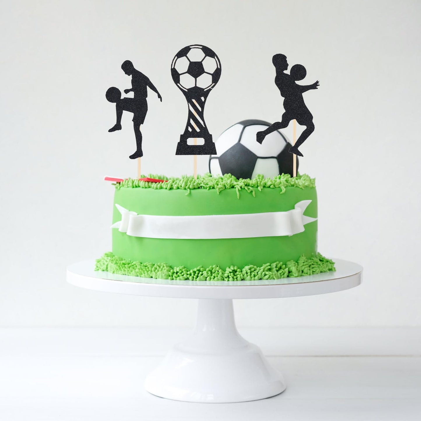 PEUTIER 24pcs Soccer Cupcake Toppers Glitter Soccer Ball Picks for Birthday Party - Black - Model 20012 - Paper