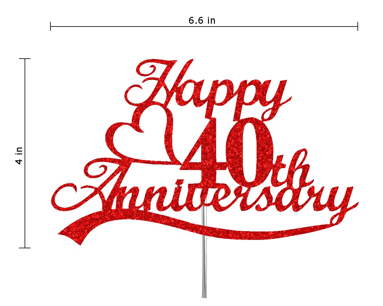 40Th Anniversary Cake Topper Red Glitter, 40 Wedding Anniversary Party Decoration Ideas, Premium Quality, Sturdy Doubled Sided G