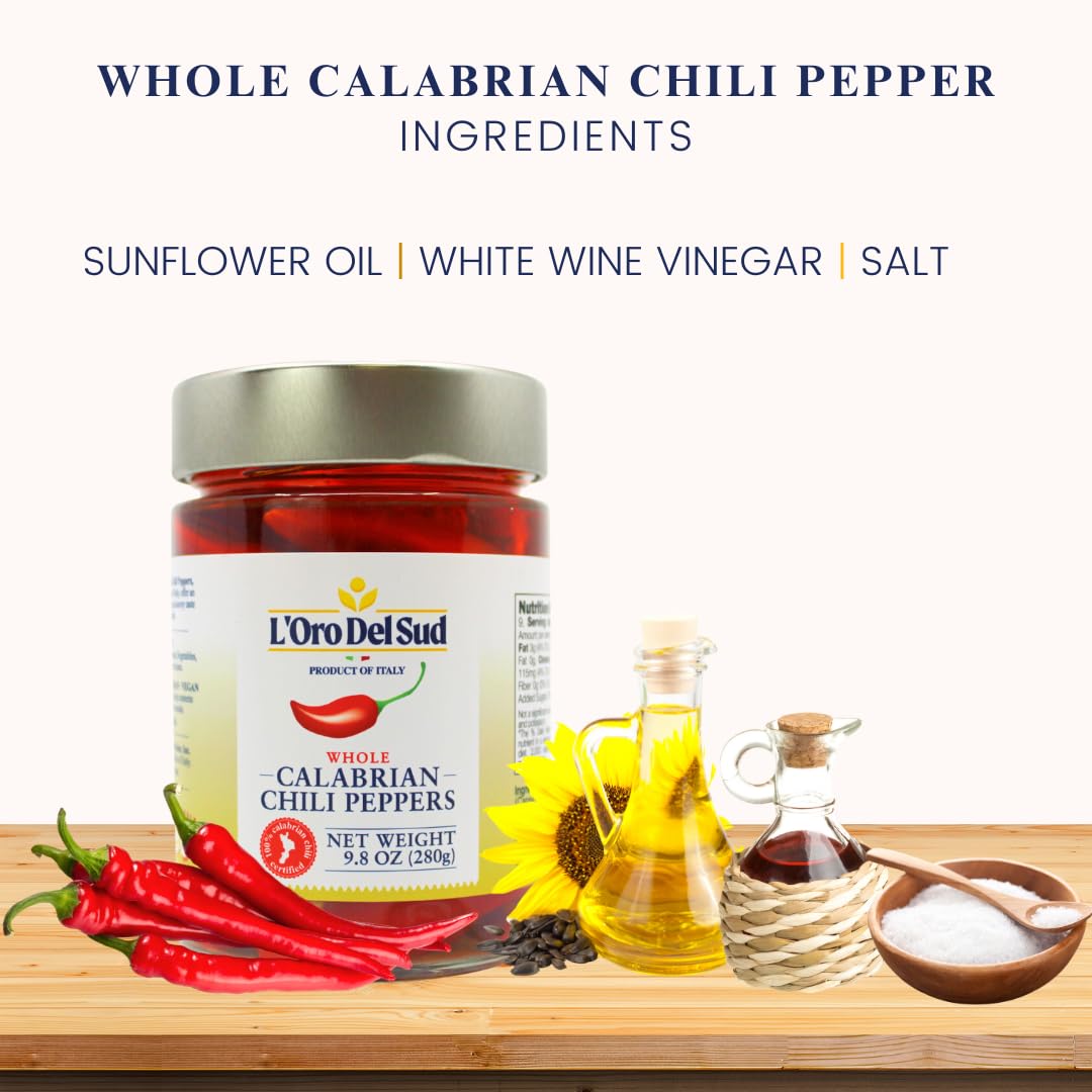 Certified Authentic, Whole Calabrian Chili Peppers In Oil, 9.8 Oz (280 G), Grown And Packed In Calabria Italy, Authentic Italian