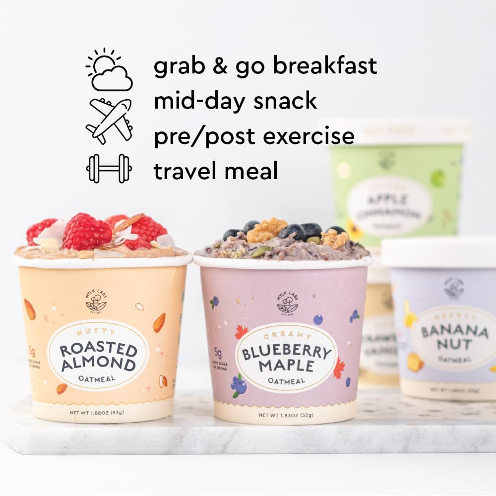 Mylk Labs Almond Gluten Free Oatmeal Cups - Low Sugar Breakfast  High Fiber Thin Rolled Oats  High Protein Instant Oatmeal  Non GMO  Vegan - 6 Pack