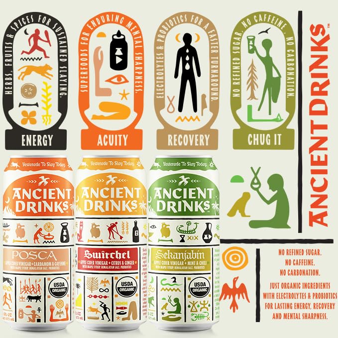 ANCIENT DRINKS Apple Cider Vinegar Sports Drink - Electrolytes, Vitamins & Probiotics - Mixed Pack (16 fl oz, 12 cans)