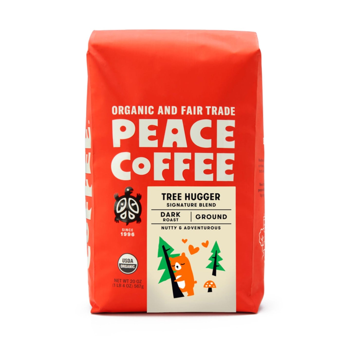 Peace Coffee Tree Hugger Signature Blend | 20 Oz Ground Dark Roast | Organic Fair Trade | Soft, Smooth Flavor | Shade Grown, Fresh Roasted