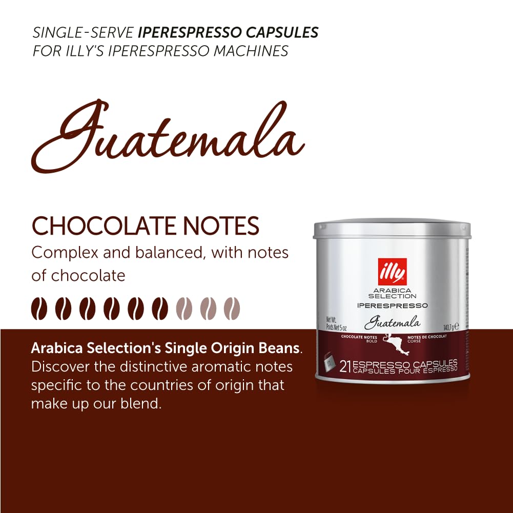 Illy Coffee Iperespresso Capsules - Single-Serve Coffee Capsules & Pods - Single Origin Coffee Pods – Guatemala Bold Roast, Notes Of Chocolate - For Iperespresso Capsule Machines – 21 Count, 6 Pack