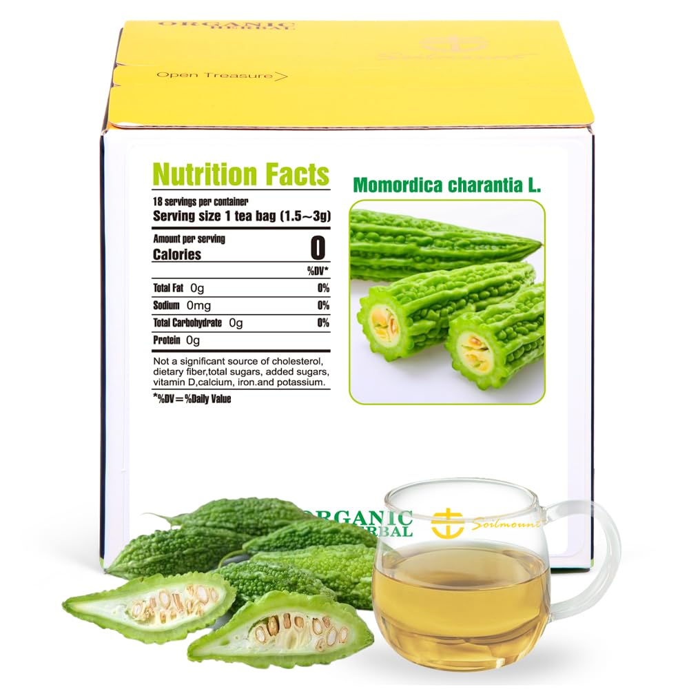 Soilmount Bitter Melon Tea Bags - 100% Organic Pure Bitter Melon Herbal Tea (Kugua/??/??) - Caffeine-Free, No Sugar, Gluten-Free, Vegan, Non-Gmo, 18 Bleach-Free Tea Bags For Health And Wellness