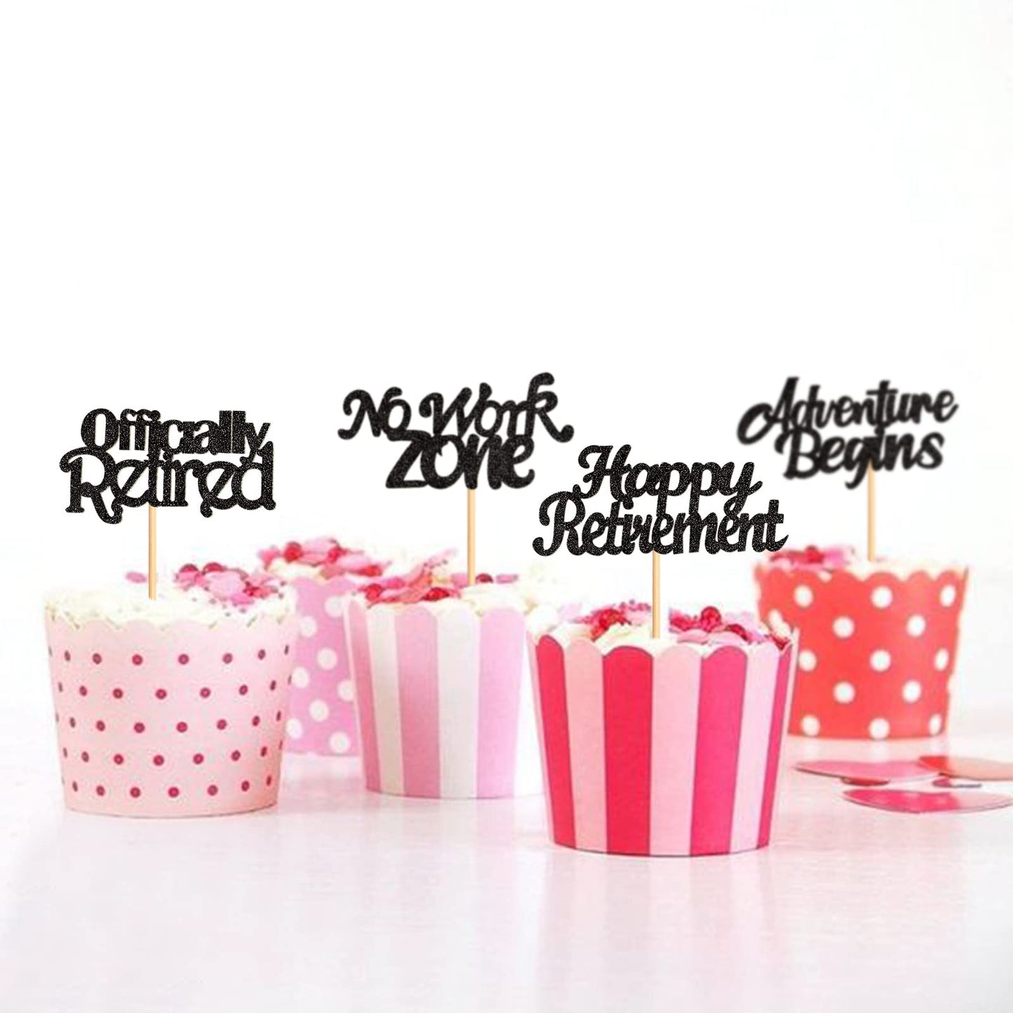 Keaziu 24PCS Cupcake Toppers, Retirement Theme, Black Paper Picks, Farewell Party Decorations