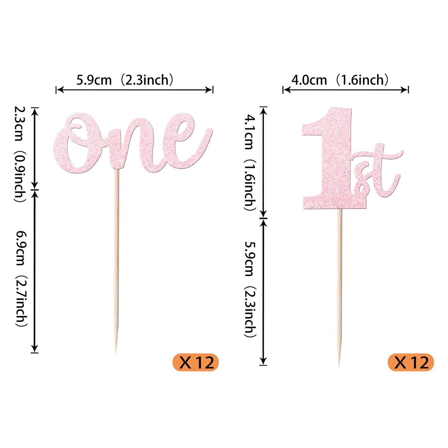 Rssta i Cupcake Toppers 24 Pack Glitter for 1st Birthday Party Decorations, Pink, Model XM060-Pink, Paper Material