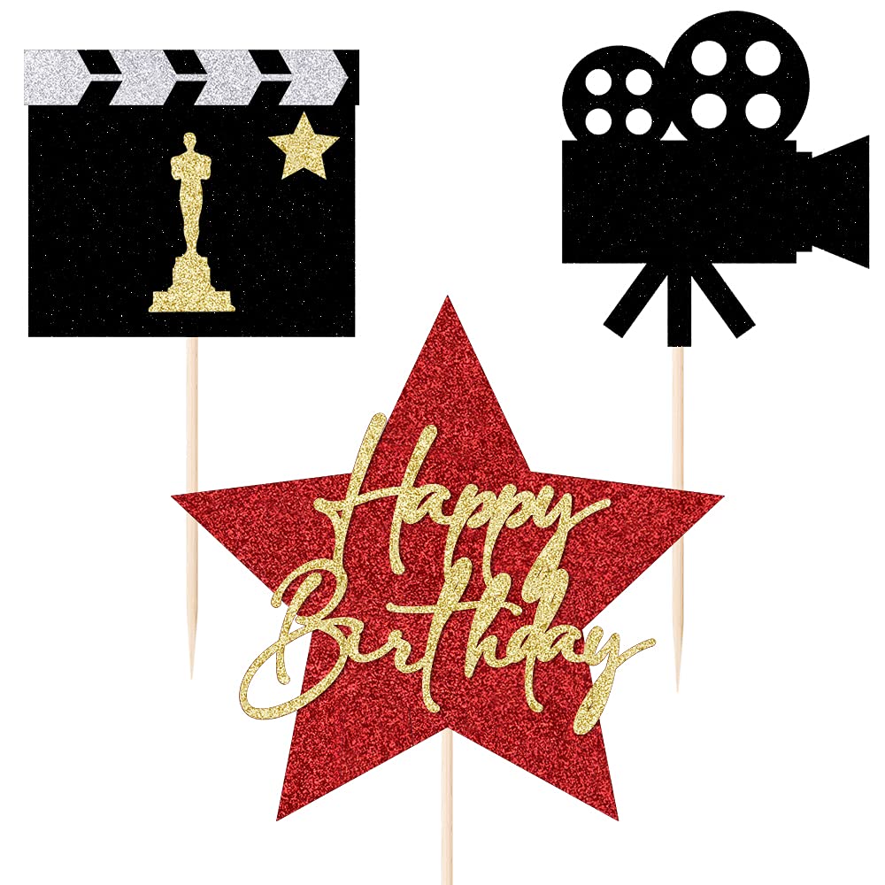Qertesl Happy Birthday Movie Cake Topper,Movie Night Cupcake Toppers Decoration,Hollywood Theme Cake Party Decoration.
