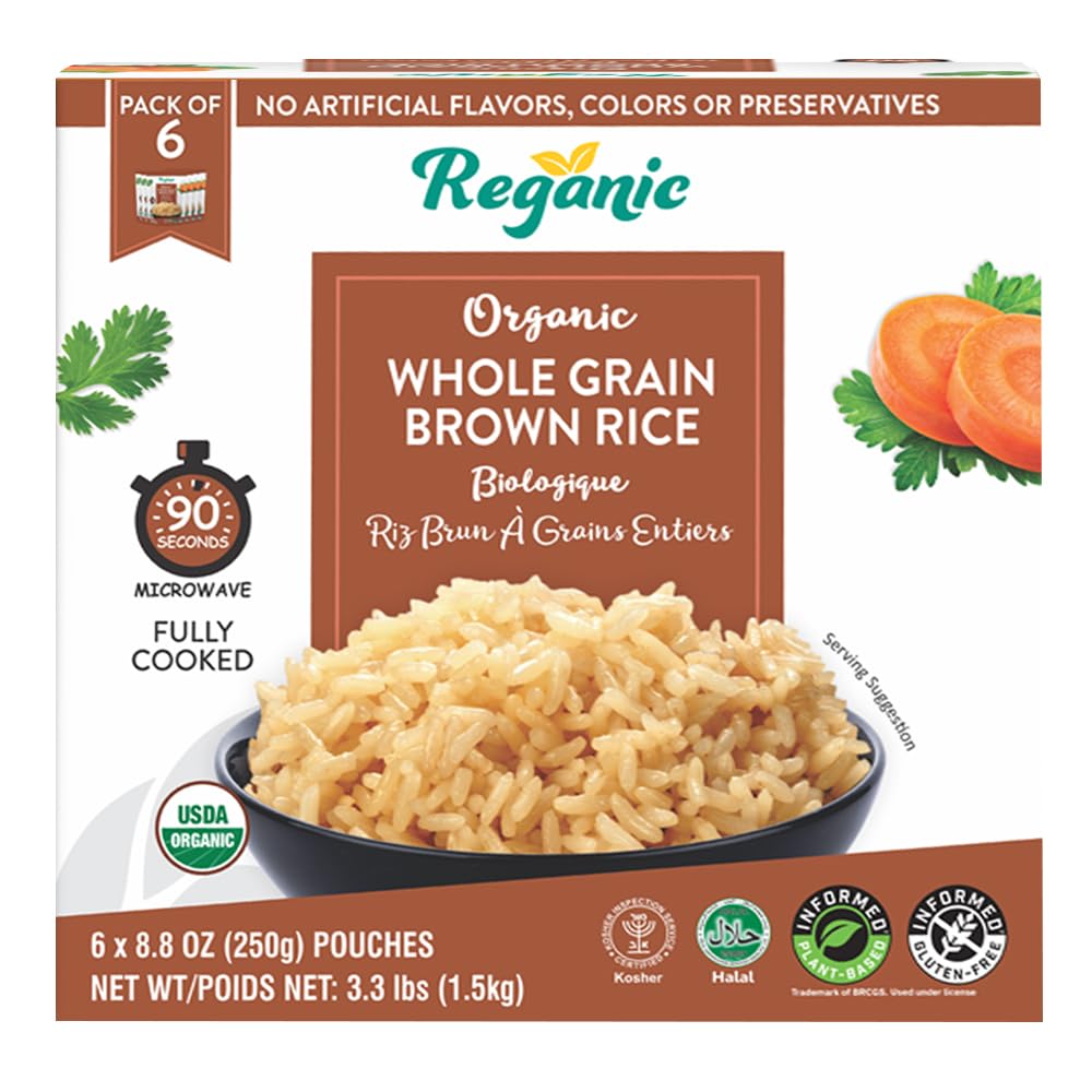 Reganic Organic Whole Grain Brown Rice Microwaveable Heat & Eat Rice, 8.8 Ounce (Pack of 6) | USDA Certified Organic, GMO-Free |