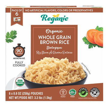 Reganic Organic Whole Grain Brown Rice Microwaveable Heat & Eat Rice, 8.8 Ounce (Pack of 6) | USDA Certified Organic, GMO-Free |