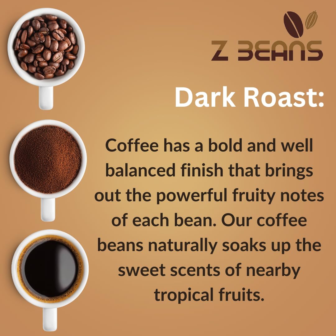 Z Beans Coffee Arabica Whole Bean Dark Roast Coffee, 12 OZ, Non-GMO, Low Acidity, Rich Flavor with Citrus and Chocolate Notes
