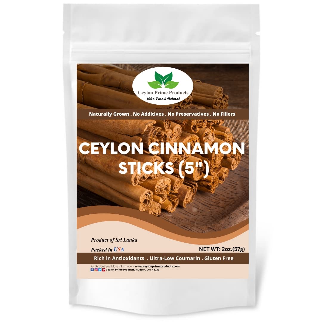 Ceylon Cinnamon Sticks 5'' (8oz), Premium Grade True Cinnamon from Sri Lanka, 100% Pure and Natural in a Resealable Bag