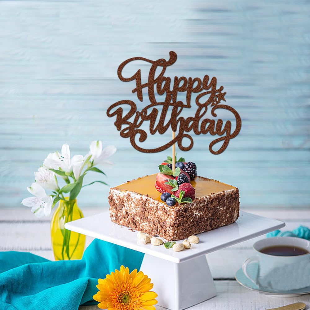 Crseniny Happy Birthday Cake Topper,Brown Glitter Birthday Sign Cake Decorations,Anniversary Party/Birthday Party Decoration Sup