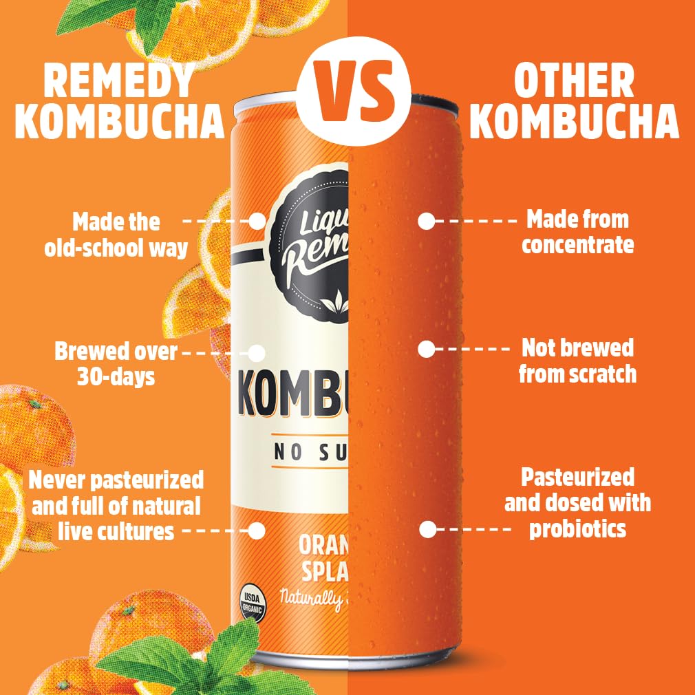 Liquid Remedy Kombucha Sugar Free Organic Drink, Low Calorie, Probiotic Like Tea for Gut Health - Orange Splash - 8.5 Fl Oz Can,