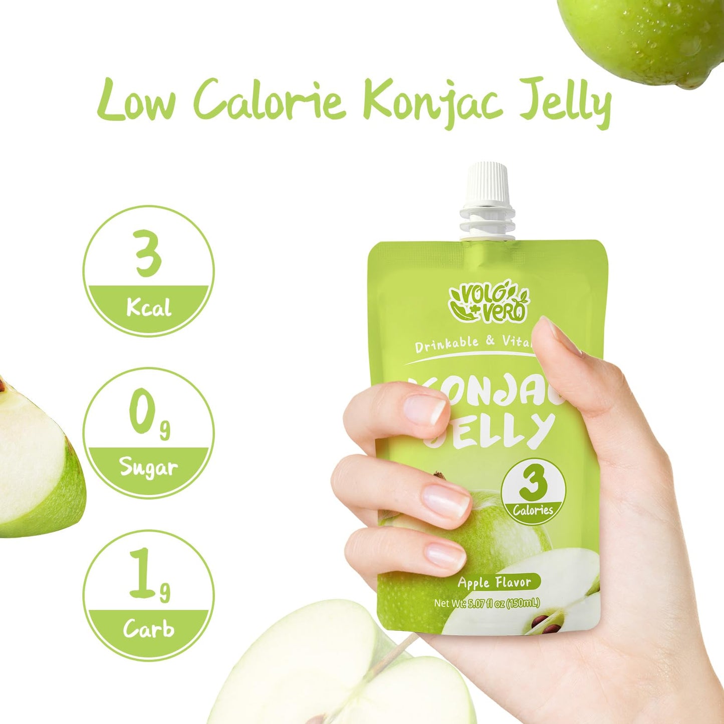 VOLO VERO Konjac Jelly Squeeze Pouch Apple Flavor, Low Calories (3 Kcal), 10 Packs, Gluten Free & Vegan, 0 Sugar, Keto, Low Carb