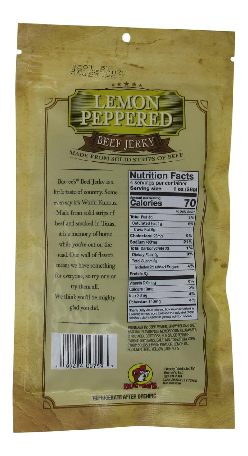 Buc-ees Smoked Lemon Peppered Beef Jerky - 10g Protein - 4 Ounce Bag - Lean & Tender Snack