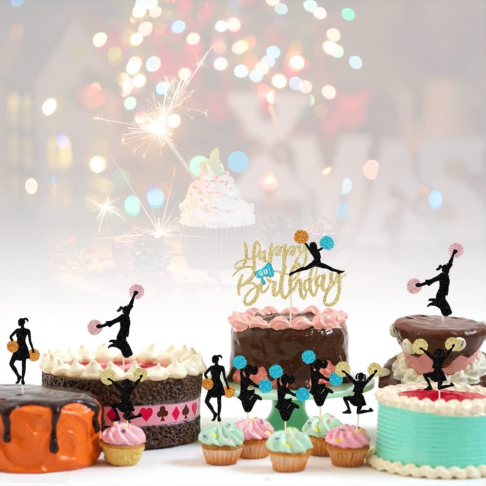 21 Piece Set Cheerleader Happy Birthday Cake Topper-Cheerleading Gymnastics Cupcake Top Hat -Cheerleader Gymnast Girl Cake Selec