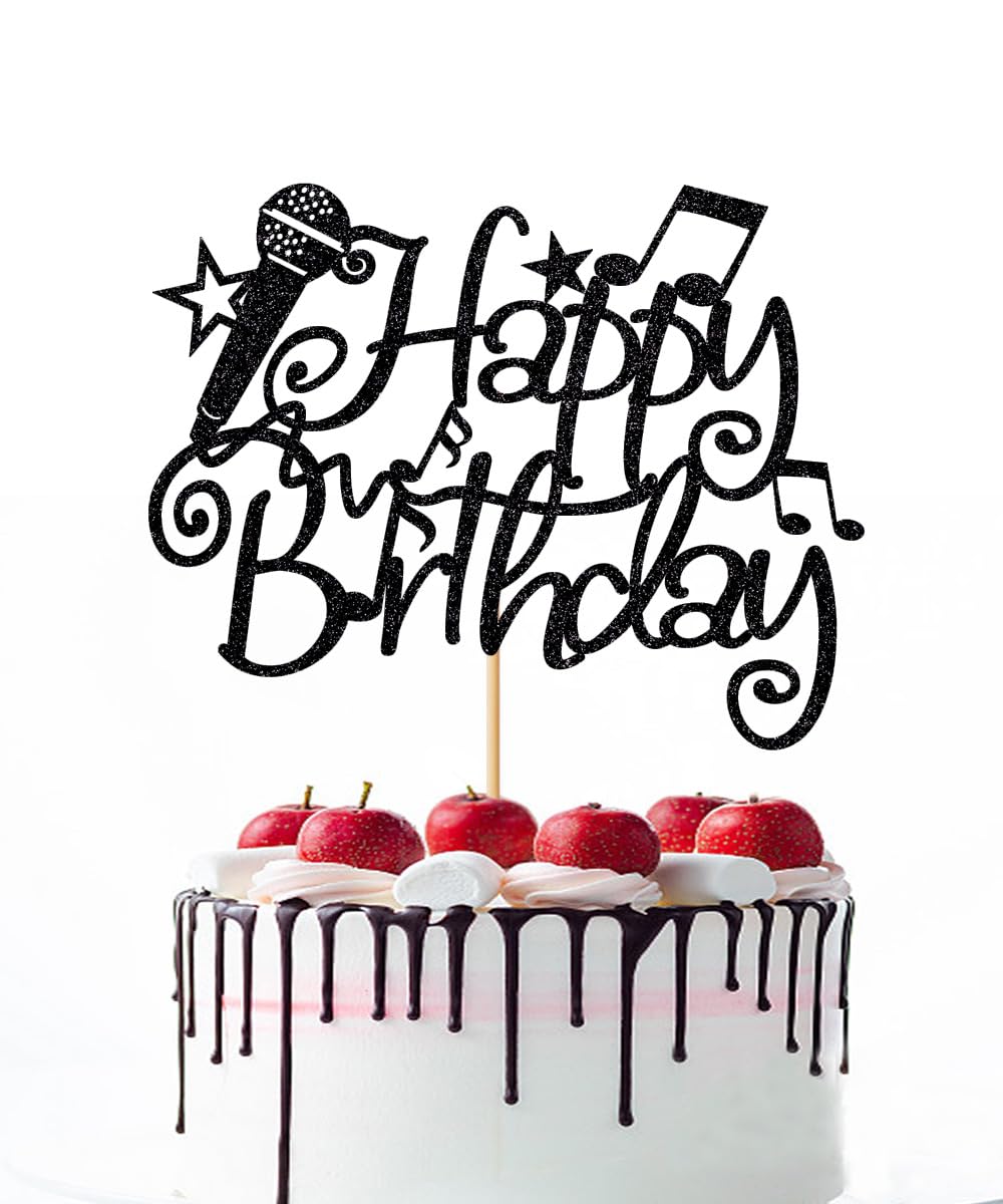 Naicaek Black Glitter Microphone Happy Birthday Cake Topper,Music Lover Birthday Decorations,Karaoke Musical Theme Birthday Part