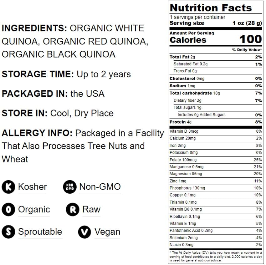 Food to Live Organic Tri-Color Quinoa, Non-GMO, 4 Pounds, Whole Grain, Vegan, Kosher, Bulk