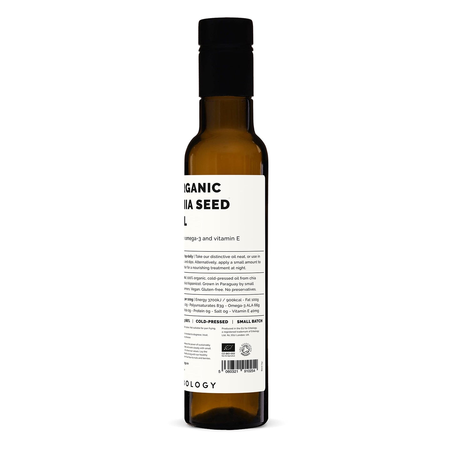 Erbology Organic Chia Seed Oil 8.5 Fl Oz - Cold-Pressed - Rich In Omega-3 (66%) And Vitamin E (330% Ri) - No Additives Or Preser