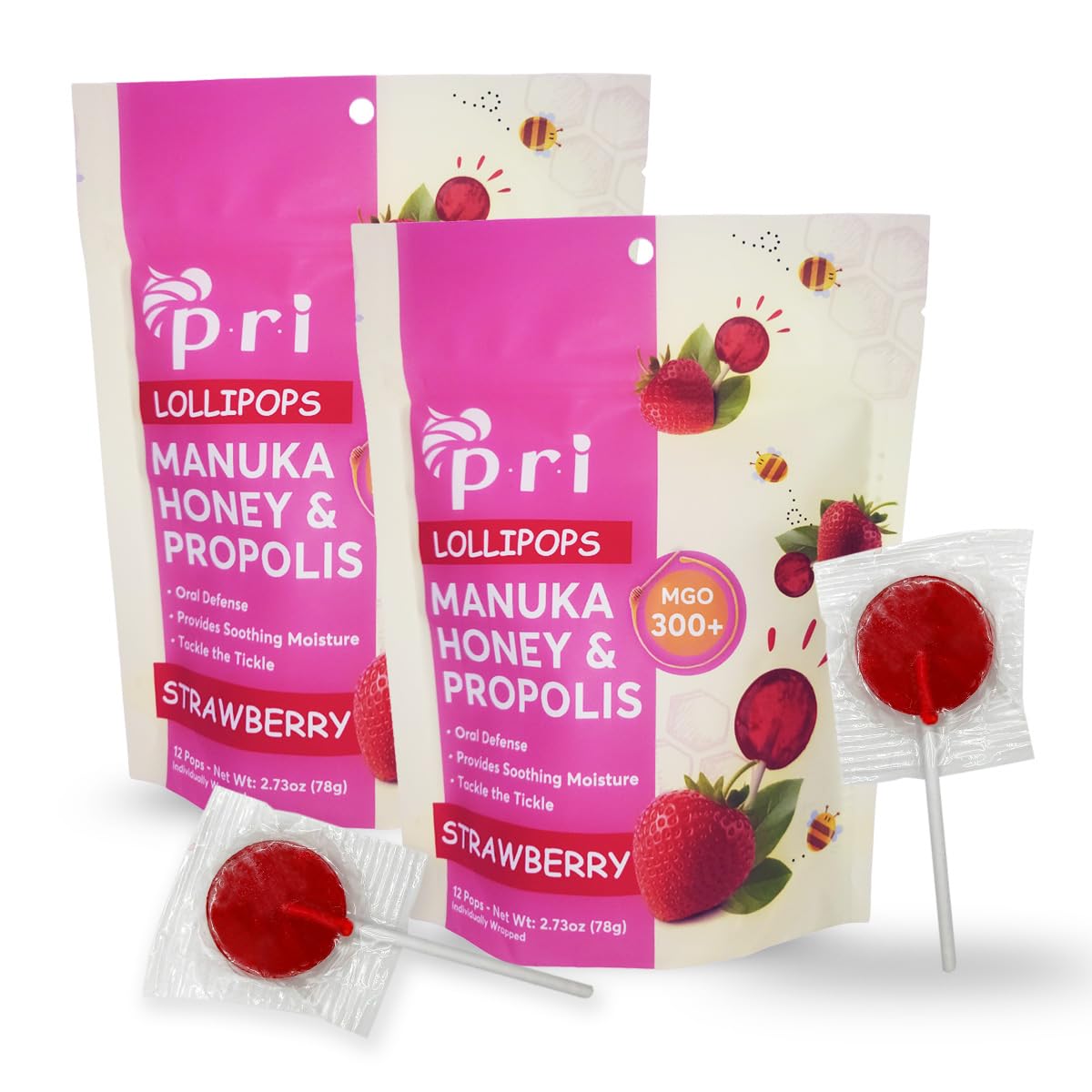 P.R.I Manuka Honey Lollipops, Strawberry Flavor, Certified MGO 300+, 24 Lollipops, 5.46oz