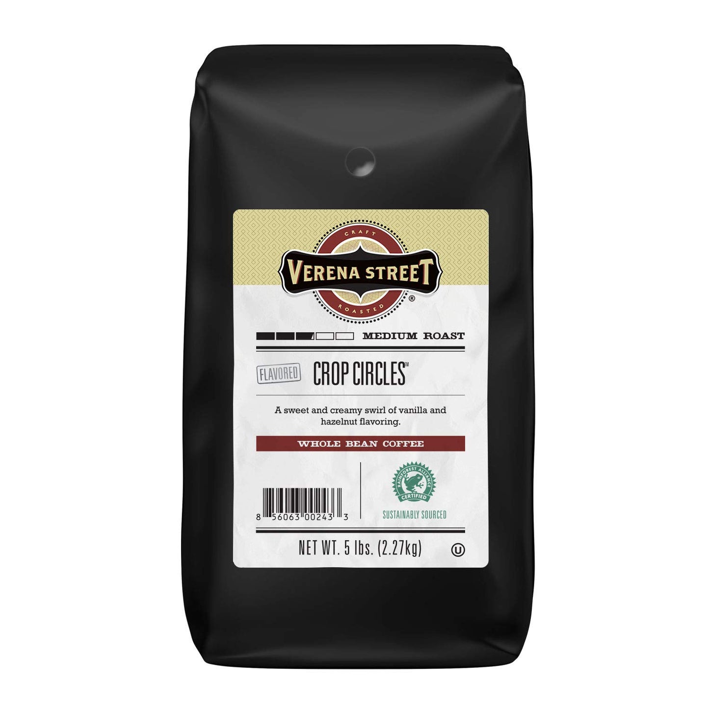 Verena Street Flavored Whole Bean Coffee, Crop Circles Vanilla Hazelnut, Medium Roast, 5 Pound Pack, Rainforest Alliance Certified