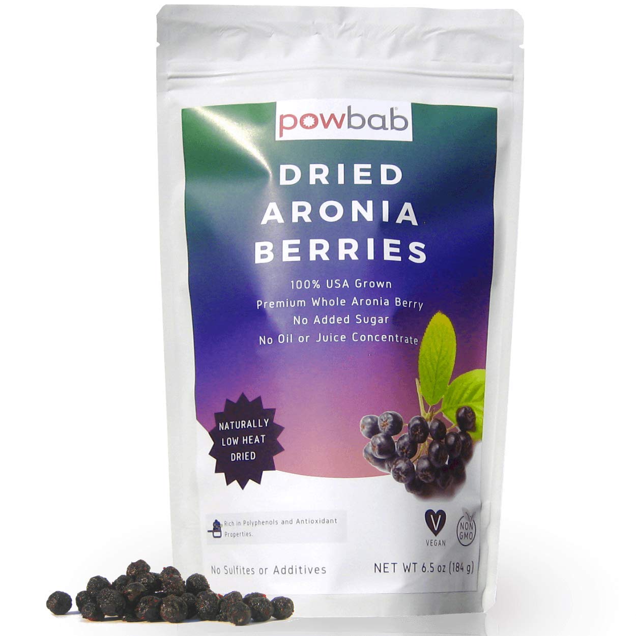 powbab Dried Aronia Berries from 100% USA Grown Organic Aronia Chokeberry. No Added Sugar. Not Freeze Dried, Not Frozen. Made in