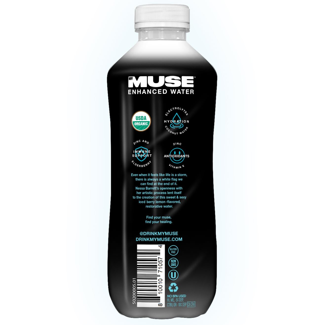 MyMuse Organic Enhanced Flavored Water, Ice Berry Lemon, 16.9 Fl Oz Bottle (12 pack), 1G of Sugar, Immune Support with Zinc & El