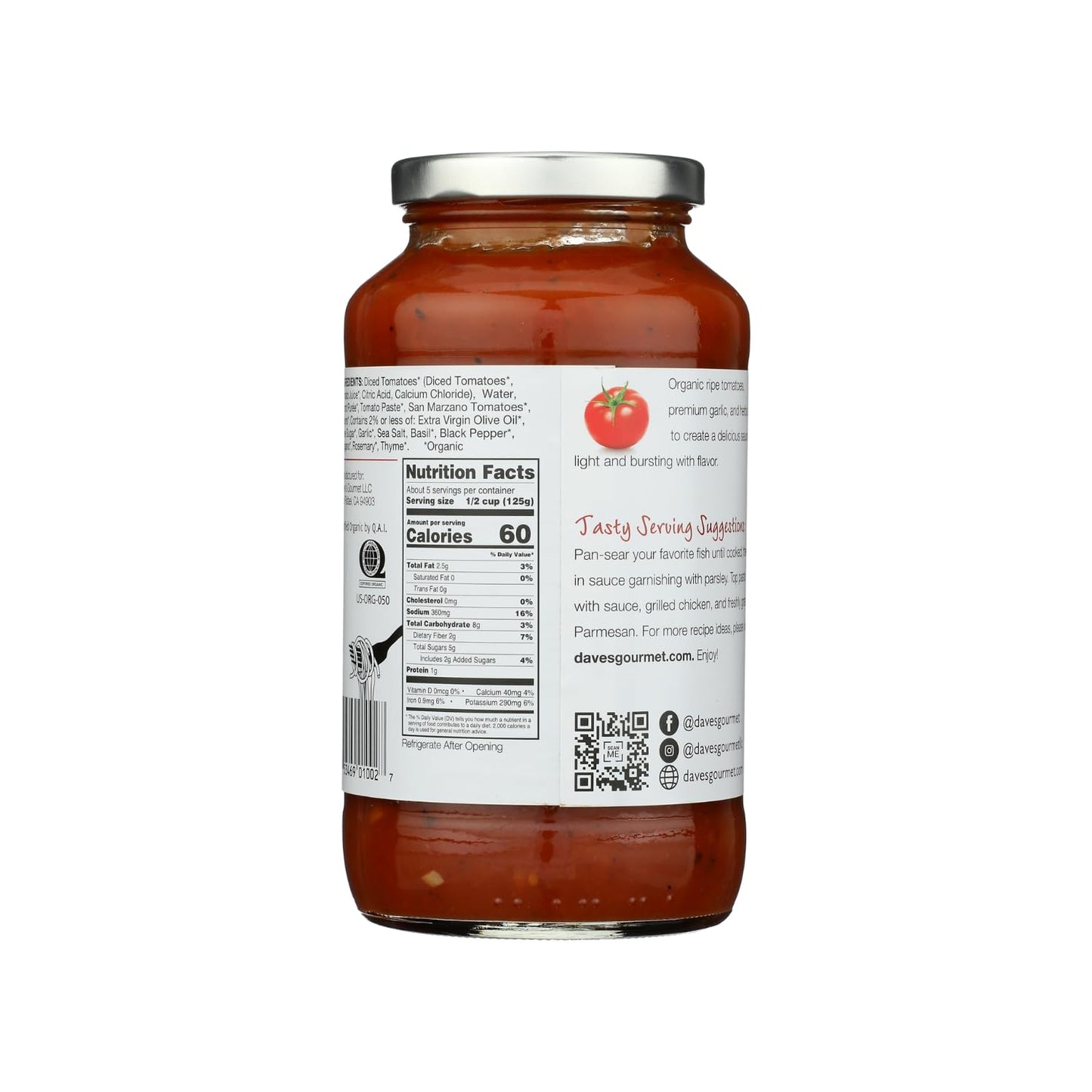 Dave'S Gourmet Organic Heritage Red Tomato Pasta Sauce Vegan And Gluten Free 24 Oz Jar- 3 Jar Pack