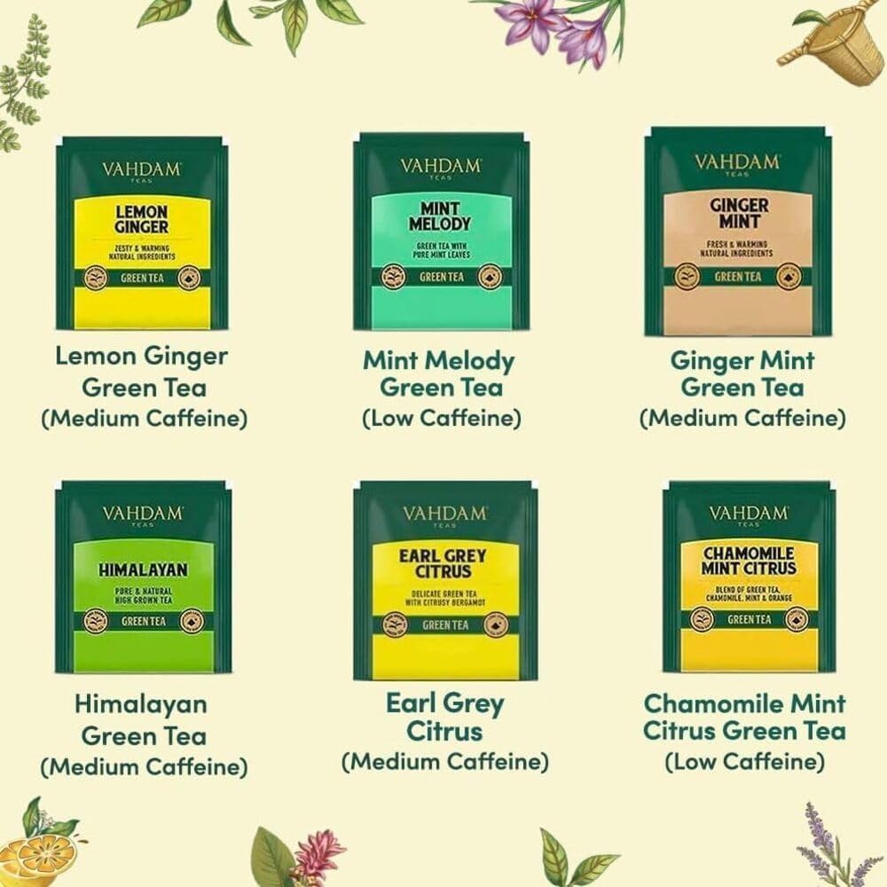 Vahdam, Green Tea Variety Pack Sampler Assortment (36 Pyramid Tea Bags, 6 Flavor) | Non-Gmo Project Verified Himalayan Green Tea With No Artificial Ingredients | Gifts For Women & Men