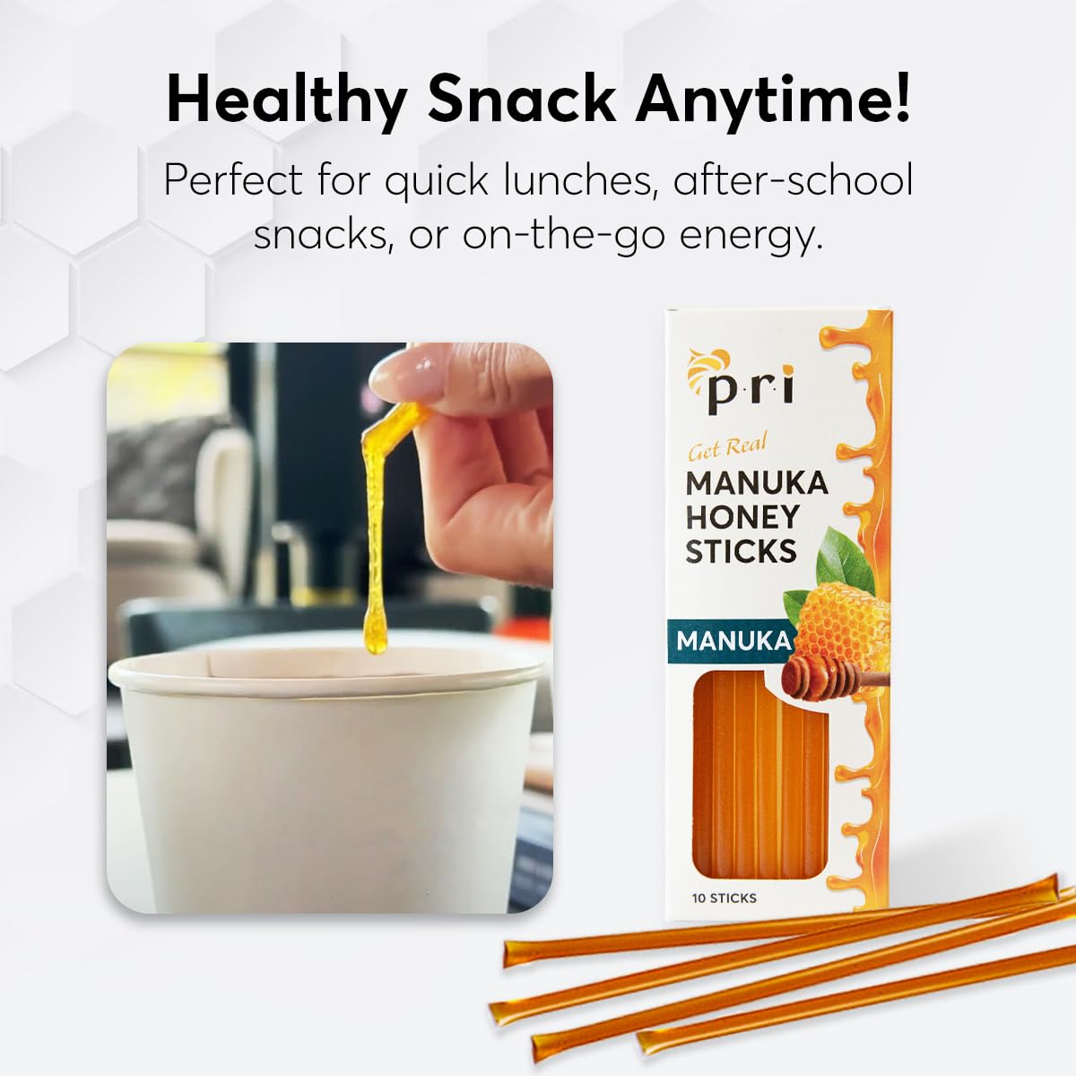 Pri Manuka Honey Sticks, Certified Mgo 60+, Raw New Zealand Manuka Honey, Perfect For On-The-Go, 10Ct