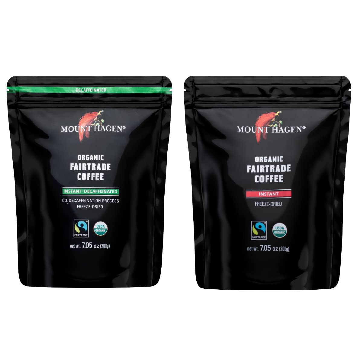Mount Hagen 7.05Oz Organic Freeze Dried Instant Caffeinated + Decaffeinated Coffee Resealable Pouch Bags - 2 Pack | Eco-Friendly
